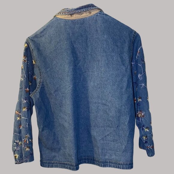 Jane Ashley Womens Embroidered Denim Jacket M Cotton Blue Floral Cottagecore Fai - Picture 2 of 7